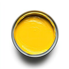 A photograph of a bright yellow paint in an open can, centered on a white background