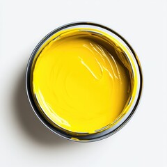A photograph of a bright yellow paint in an open can, centered on a white background