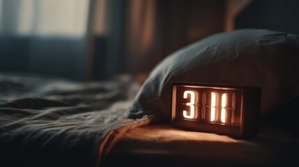 Early morning alarm clock digits glowing at 3 am next to pillow on quiet bed surface with unfocused room creating mood of worry and sleepless thought patterns for stress and sleep disorder concept.