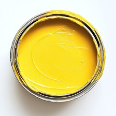 A photograph of a bright yellow paint in an open can, centered on a white background