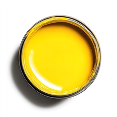 A photograph of a bright yellow paint in an open can, centered on a white background