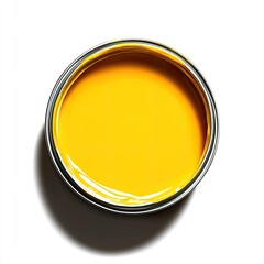 A photograph of a bright yellow paint in an open can, centered on a white background