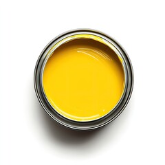 A photograph of a bright yellow paint in an open can, centered on a white background