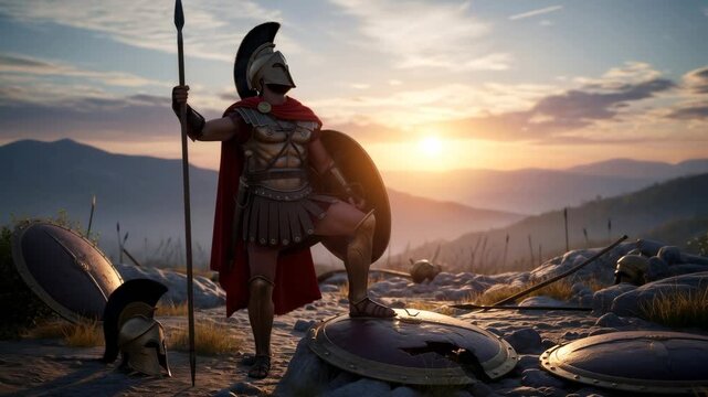 Man spartan warrior standing on battlefield at sunset after battle. Ancient roman soldier in armor with spear and shield against mountain landscape.