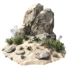 A photorealistic rendering of rocks and sand, with some desert plants scattered around the base of them.