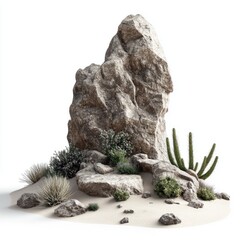 A photorealistic rendering of rocks and sand, with some desert plants scattered around the base of them.