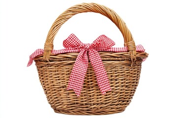 A picnic basket with red gingham ribbon, isolated on a white background
