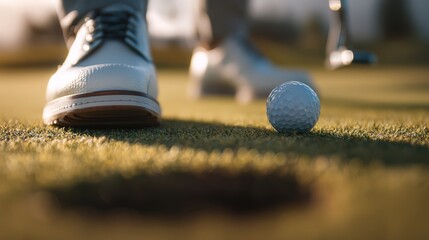 Low angle shot following golf ball rolling toward hole with golfer's stylish shoes in focus on green grass illustrating precision putting technique and winning moment achievement concentration concept
