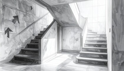 Interior staircase with directional arrows and natural light