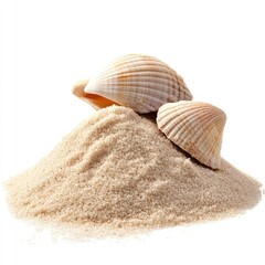 A pile of sand with two seashells on top, isolated on a white background.