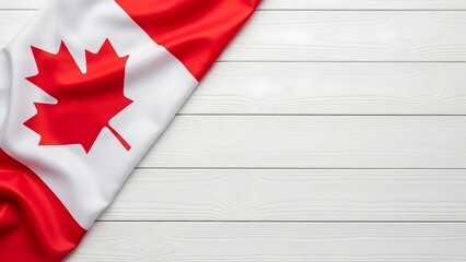 Canadian flag with red maple leaf on white wooden background with copy space