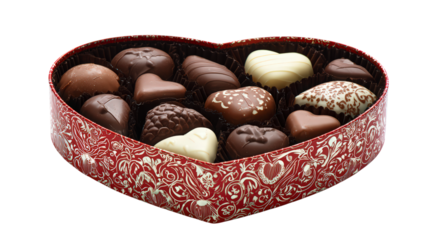 Heart shaped gift box full of assorted chocolates with red floral pattern on transparent backdrop perfect for valentine's day and love themes