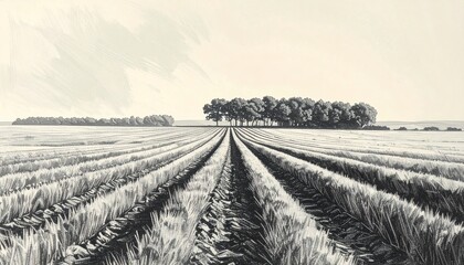 Black and white landscape of plowed fields with trees
