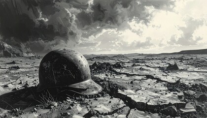 Desolate landscape with a cracked ground and helmet
