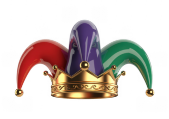 Colorful jester's hat with gold crown colorful hat isolated on a transparent background