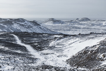 Snow covered volcanic landscape on Reykjanes Peninsula, Iceland.