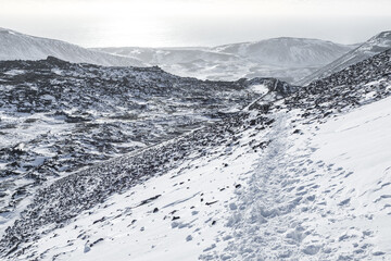 Snow covered volcanic landscape on Reykjanes Peninsula, Iceland.