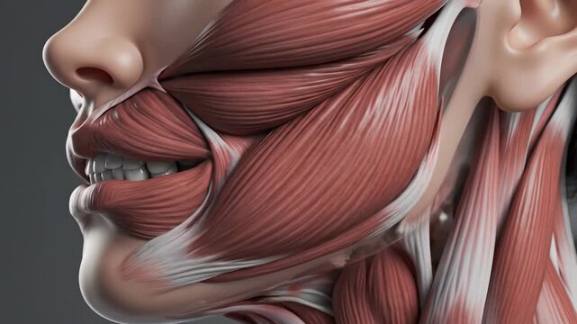 Detailed anatomical illustration of human facial and jaw muscles.