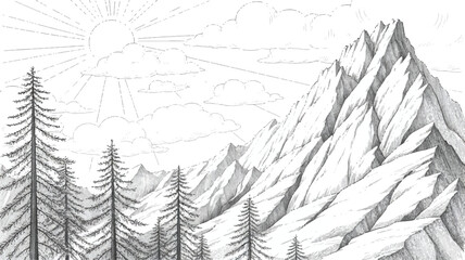 Pencil Sketch of a Majestic Mountain Range Under a Radiant Sun with Evergreen Trees in the Foreground