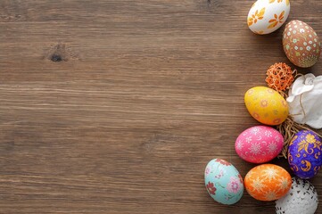 Colorful decorated Easter eggs with patterned designs on a rustic wooden background
