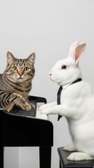 A tabby cat and a white rabbit in a tie playing a piano together. They look focused