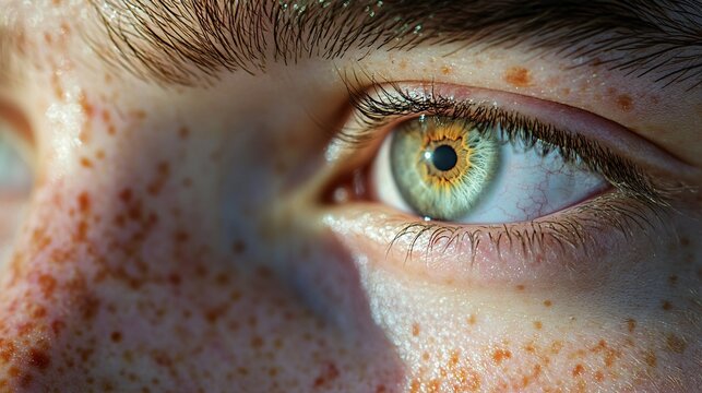 Photorealistic close-up of a face showing skin with allergic contact dermatitis, with freckles and a detailed, expressive eye. Could represent skin conditions, dermatology, or beauty concepts.