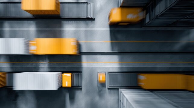 Warehouse automation with robotic vehicles moving inventory, smart logistics concept, top-down perspective - Powered by Adobe