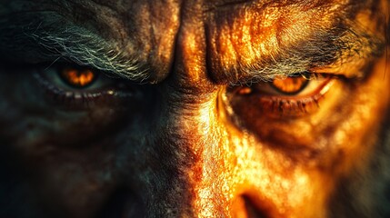 Photorealistic close-up showcasing a face with fine lines. Detailed skin texture highlights age and character, accentuated by dramatic lighting, creating a powerful and intimate portrait.