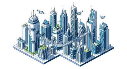 Isometric illustration of a futuristic smart city featuring towering skyscrapers, elevated roads, and advanced aerial drones.