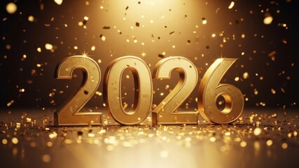 A radiant golden "2026" with falling confetti, a celebratory countdown