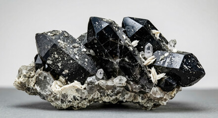 Dark black morion quartz druse specimen featuring multiple terminated crystals with visible mineral inclusions and a vitreous luster surface.