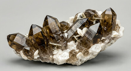Smoky rauchtopaz quartz crystals with prismatic habit and vitreous luster within a coarse granitic pegmatite burrow cavity.
