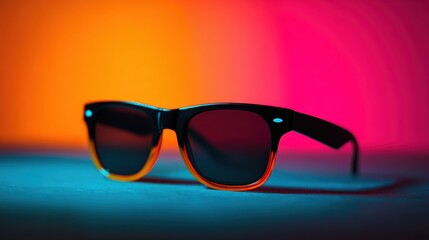 Black Sunglasses with Orange Frames Against a Neon Gradient