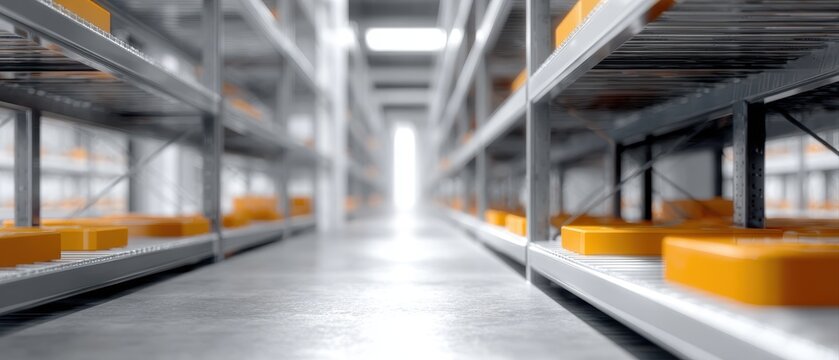 Smart warehouse interior with automated shelving systems and robots, logistics optimization theme - Powered by Adobe