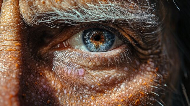 Photorealistic close-up on a face with possible lichen planus highlights. The detailed skin texture and the intense gaze of the eye provide a powerful image for medical or health-related concepts.