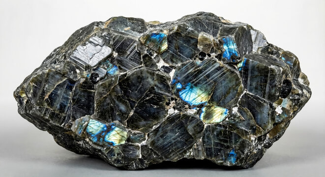 Massive labradorite anorthosite rock specimen exhibiting vibrant blue and gold iridescence known as labradorescence on a cleaved mineral surface.