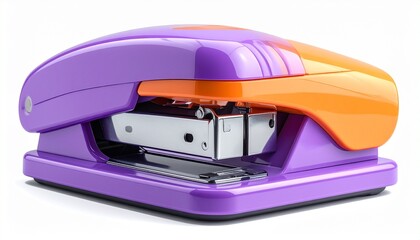 "Show a colorful modern stapler with a purple base and orange top handle on a white background."