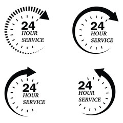 24 hour service vector set. 24 hour discount offer, support, delivery and more concept. Twenty-four hour service everyday sign with clock icon. Vector illustration.