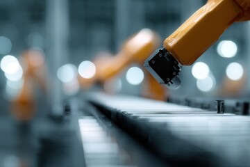 Smart factory environment featuring industrial robots and conveyor systems, advanced manufacturing technology, no people focus