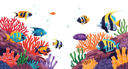 A vibrant illustration showcasing a lively underwater world with diverse tropical fish exploring a coral reef.