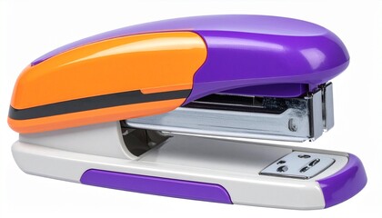 "Show a colorful modern stapler with a purple base and orange top handle on a white background."