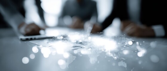 Corporate strategy concept, business team preparing international market expansion plan with documents, laptop, and global data visualization