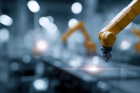 Smart factory floor with collaborative robots and digital interfaces, Industry 4.0 concept - Powered by Adobe
