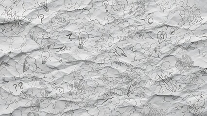 Crumpled paper with creative doodles and brainstorming symbols