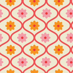 Retro orange and pink flowers on red ogee shapes seamless pattern. For fabric, home d&eacute;cor and wallpaper