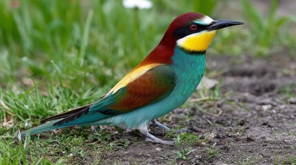 European bee eater bird standing on green grass
