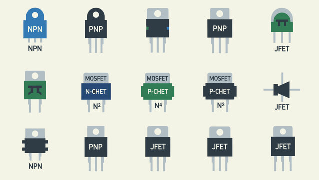 Set of various semiconductor components and transistors including NPN PNP MOSFET JFET on light beige background, Electronic circuit board elements.