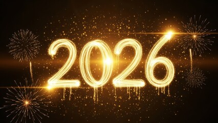 Glowing gold digits of "2026" float amidst sparkly firework bursts