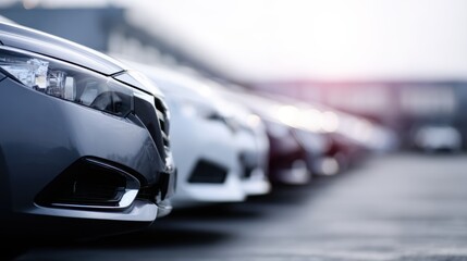 Used car sales lot with multiple vehicles lined up, dealership background, consumer automotive marketplace