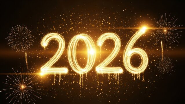 Glowing gold digits of "2026" float amidst sparkly firework bursts - Powered by Adobe